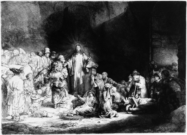 ​   What method(s)  did Rembrandt use to create Christ with the Sick around Him ? A)  Oil paint on linen B)  Engraving and etching C)  Oil paint on wood D)  Engraving