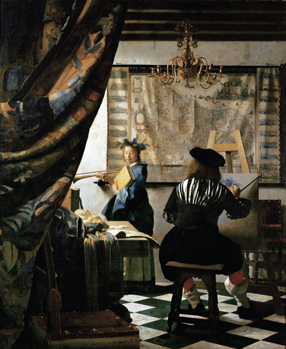 ​   What device does Vermeer use to separate the space of the viewer from the space of the painting in Allegory of the Art of Painting ? A)  Convex mirror B)  Drawn-back curtain C)  Visible door frame D)  Standing bronze statue