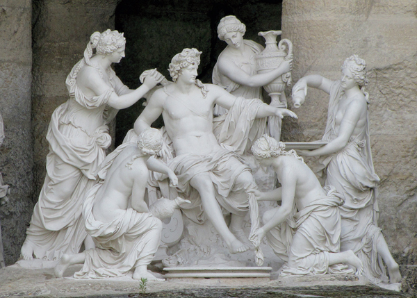 <strong> François Girardon's arrangement of the figures in Apollo Attended by the Nymphs of Thetis is based on the figural compositions of which artist?</strong> A) Claude Lorrain B) Louis Le Nain C) Georges de la Tour D) Nicolas Poussin