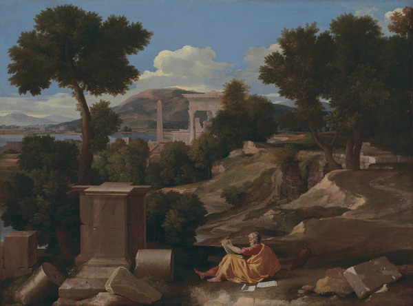 <strong> What attribute accompanies Saint John in this painting by Poussin?</strong> A) Book B) Lion C) Eagle D) Cross