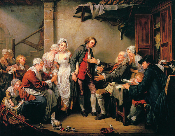 <strong> Greuze's Village Bride is an example of which new theme in 18th-century painting, one that appealed to audiences who admired natural virtue?</strong> A) Historical episodes B) Wonders of science C) Sentimental narrative D) Fête galante
