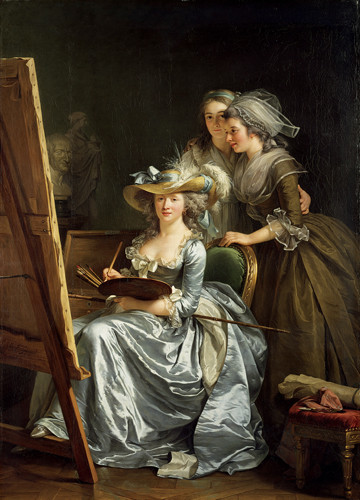 <strong> Who are the two women accompanying Adélaïde Labille-Guiard in her self-portrait?</strong> A) Her muses B) Her students C) Her royal patrons D) Her daughters