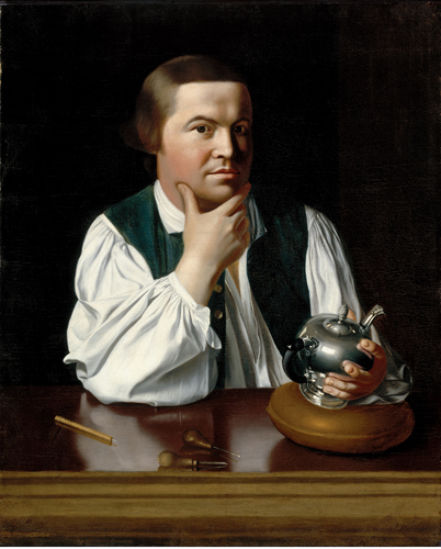 <strong> What is the name of the 18th-century silversmith portrayed in this painting by John Singleton Copley?</strong> A) Benjamin West B) Paul Revere C) James Stuart D) Horace Walpole