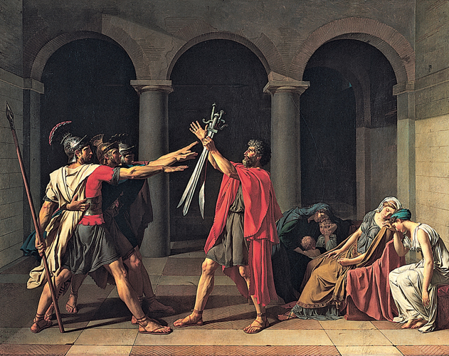 <strong> Which element of Marat's Oath of the Horatii reflects Enlightenment ideals rather than Neoclassicism?</strong> A) Narrow stagelike setting B) Subject from Roman history C) Juxtaposed actions of men and women D) Background with classical architecture
