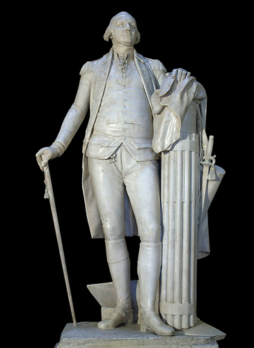 <strong> Which element in Houdon's marble statue of George Washington is a Roman emblem of authority?</strong> A) The plow of the Roman Cincinnatus B) The walking stick with attached ribbons C) The badge of the Society of Cincinnatus D) Column of thirteen rods (fasces)