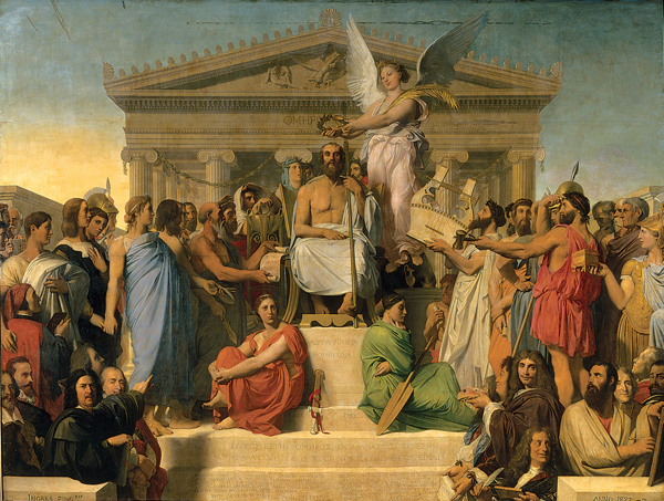 ​   Ingres's Apotheosis of Homer was inspired by which earlier work? A)  Leonardo da Vinci, Last Supper B)  Raphael, School of Athens C)  Watteau, Pilgrimage to Cythera D)  Botticelli, Primavera