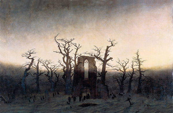 <strong> Which European artist created this Romantic transcendental landscape painting?</strong> A) Albert Bierstadt B) Joseph Mallord William Turner C) Caspar David Friedrich D) Gustave Courbet