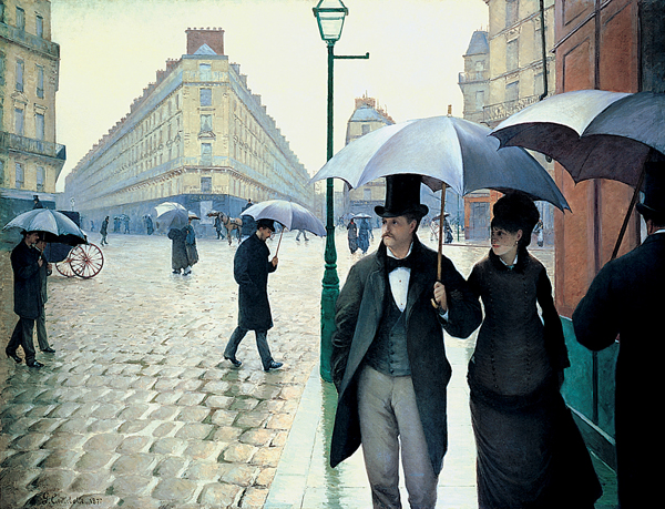 <strong> How does Caillebotte suggest the transitory, impersonal nature of modern life in Paris?</strong> A) Light reflecting on cobblestones B) Identical garments and umbrellas C) Moving figures and cutoff buildings D) Buildings shown in perspective view