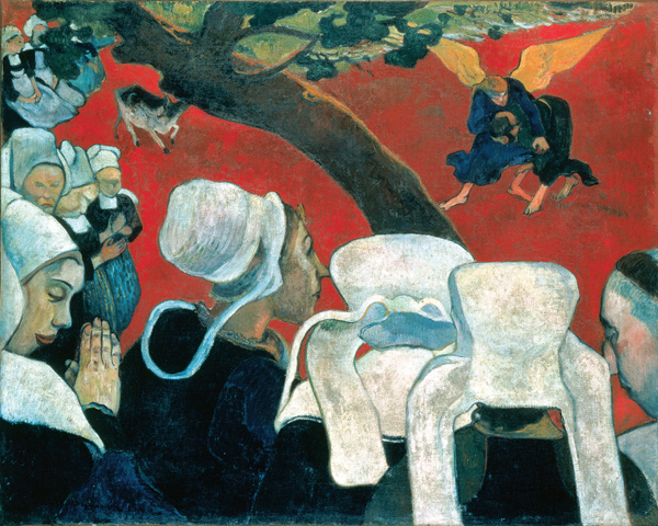 ​   The firm outlines surrounding areas of unmodulated color in Gauguin's Vison after the Sermon reflect his interest in which medium? A)  Mosaic B)  Stained glass C)  Relief sculpture D)  Manuscript illumination
