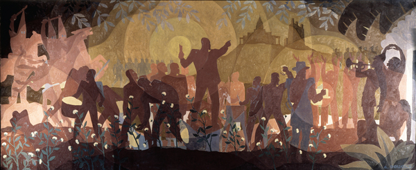 ​   Aaron Douglas's mural From Slavery through Reconstruction combines forms and motifs from African art with what European modernist style? A)  Fauvism B)  Futurism C)  Synthetic Cubism D)  Surrealism