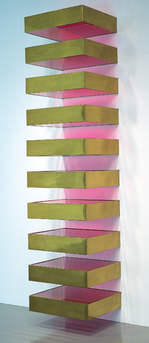 <strong> Which element of Donald Judd's sculpture Untitled reflects his intention of banishing ambiguity from his work and using a visual vocabulary that does not deceive as illusionism would?</strong> A) Geometric shape B) Brass material C) Steel brackets D) Plexiglas material