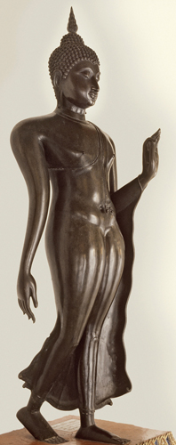 ​   Which modern country developed the walking-Buddha type statue, with its distinctive approach to human anatomy? A)  Vietnam B)  Thailand C)  India D)  Indonesia