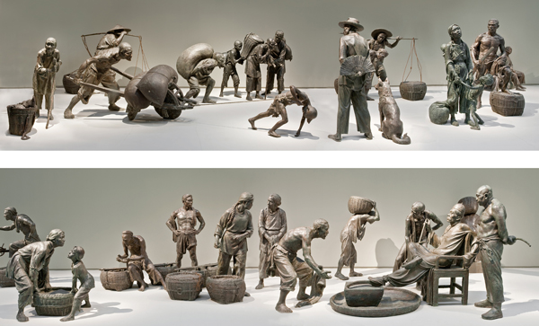 <strong> What was the original length of the sculptural tableau of figures comprising Rent Collection Courtyard ?</strong> A) 10 yards B) 100 feet C) 500 feet D) 100 yards