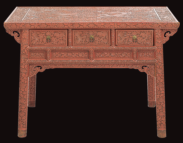 <strong> What material covers this Ming period table?</strong> A) Wood B) Ivory C) Lacquer D) Turquoise