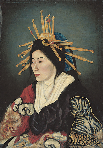 <strong> Which of the following aspects of this painting does NOT reflect Western influences?</strong> A) Oil paint B) Abstract rendering of garment C) Realistic facial detailing D) Accurate recording of coiffure