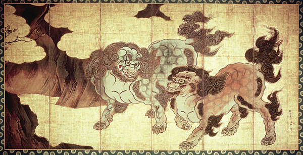 <strong> What animal is depicted on this Momoyama period six-panel screen?</strong> A) Bull B) Dog C) Griffin D) Lion
