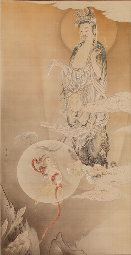 <strong> What is the subject of this nihonga painting by Kano Hogai?</strong> A) The enlightenment of the Buddha B) The creation of man C) The birth of the Buddha D) The dawn of human wisdom