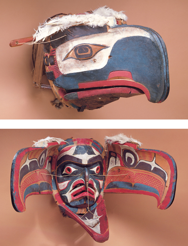 <strong> What pervasive theme of art in the Americas is embodied by this Kwakwaka'wakw mask?</strong> A) Nature worship B) Transformation C) Success hunting D) Ancestor worship