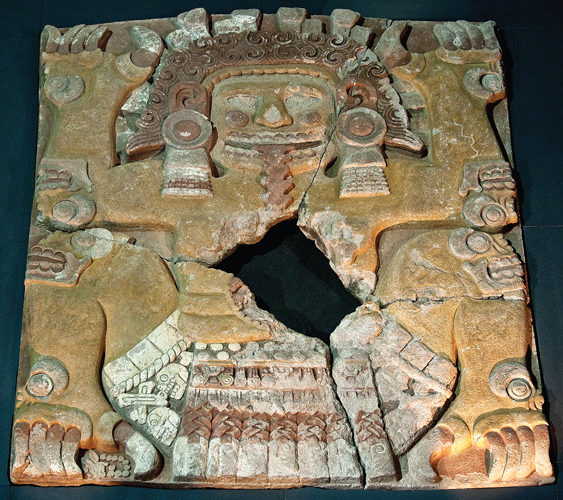 <strong> This enormous relief of the goddess Tlaltecuhtli giving birth was found in what part of the Great Temple of Tenochtitlán?</strong> A) In a room at the summit B) In the center of the main stairway C) Within the original pyramid D) Covering a grave shaft