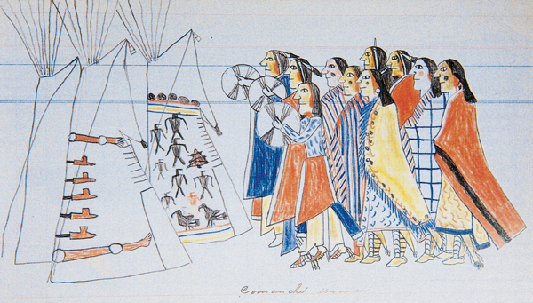 <strong> The artist has drawn this picture on which medium?</strong> A) Tipi hide B) Ledger book C) Birch bark D) Sheepskin codex
