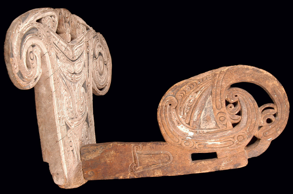 <strong> Trobriand Islanders participating in kula exchanges used the illustrated object for what purpose?</strong> A) As a seat during exchange interaction B) To decorate and protect canoes C) As a hook to suspend ceremonial garments D) To mark out the sacred ceremonial space