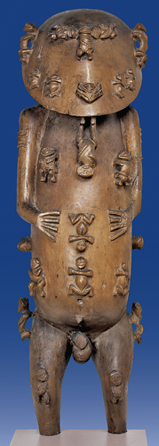 <strong> What is the meaning of the relief decorations covering the body of this Rurutu figure of the god A'a?</strong> A) The world's first animals B) All his progeny, gods and men C) The various stages of the human life span D) Warriors who protect the land of Rurutu