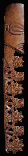 <strong> What is represented by the seven figures projecting from beneath the head of the Rarotonga staff god?</strong> A) The seven winds that direct navigation B) The seven historical ages of humanity C) The seven islands inhabited by the Rarotonga D) The seven successive generations of humans