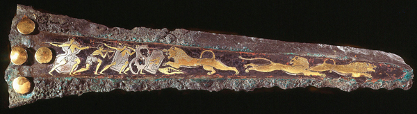 <strong> The subject of this inlaid dagger is most prevalent in which culture?</strong> A) Minoan B) Mesopotamian C) Neolithic D) Hagar Qim