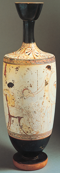 <strong> What scene is represented on this Athenian white-ground lekythos by the Achilles Painter?</strong> A) Lady performing her morning toilette B) Young men lounging at a symposium C) The meeting of Paris and Helen D) Warrior taking leave of his wife