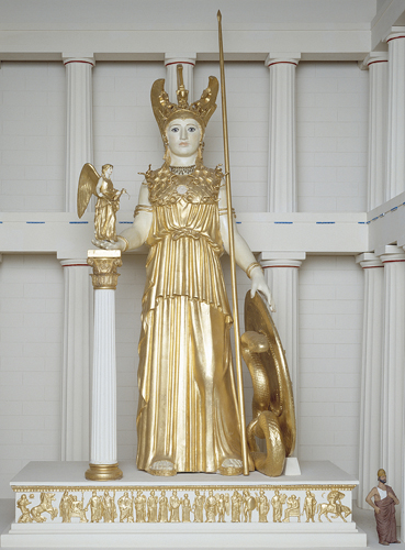 ​   What materials made up the real statue of Athena Parthenos? A)  Bronze and ivory B)  Gold and marble C)  Gold and painted clay D)  Gold and ivory