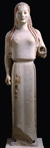 ​   What explains the markings on this statue? A)  Modern archaeologists added color during conservation work. B)  The soil where it was buried caused discoloration of the marble. C)  Liquid dedications were poured onto the statue. D)  Greek marble statues bore much painted decoration.
