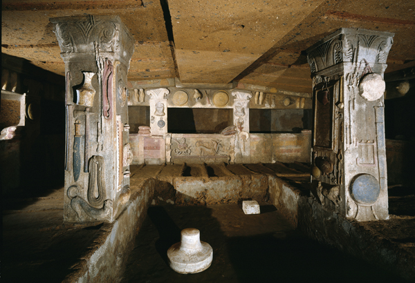 <strong> What is the name of the Etruscan tomb from Cerveteri?</strong> A) Tomb of the Leopards B) Tomb of Hunting and Fishing C) Tomb of the Shields and Chairs D) Tomb of the Reliefs