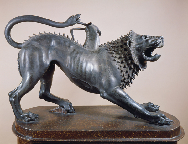 <strong> What is the name of this bronze statue?</strong> A) Cerberus of Veii B) Chimera of Arezzo C) Capitoline Wolf D) Chimera of Caere