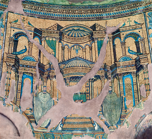 ​   What activity is implied by the gestures of the two male figures in this mosaic? A)  Lecturing B)  Blessing C)  Baptism D)  Praying