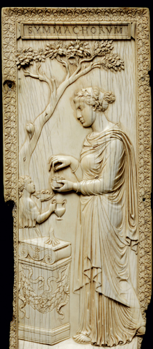<strong> Which motif appearing on this ivory plaque ties the piece to the Christian tradition?</strong> A) Altar B) Ivy crown C) None D) Drapery