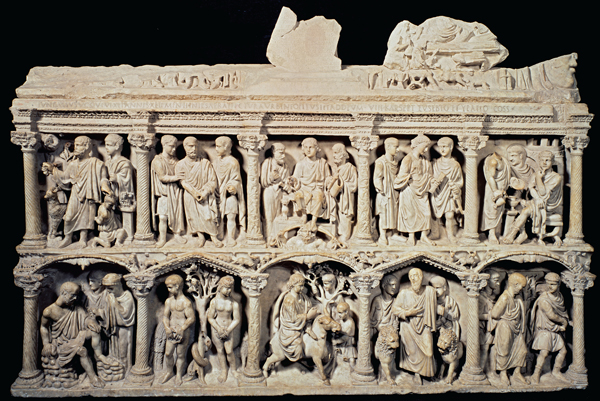 <strong> How is the figure of Jesus depicted here on the sarcophagus of Junius Bassus?</strong> A) As the Good Shepherd B) As a wise teacher C) Like a Roman emperor D) Like the Pantokrator