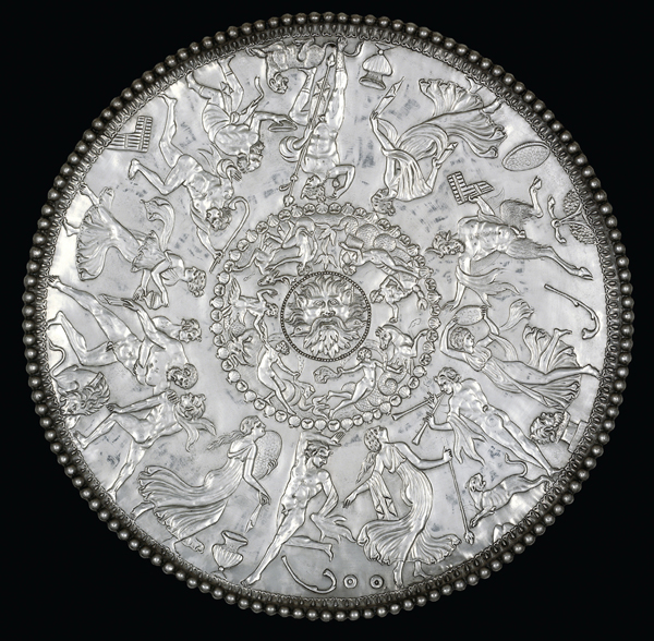 <strong> What is the subject of the two inner rings of the Great Dish from the Mildenhall Treasure, shown here?</strong> A) Dionysus and maenads B) Jupiter and dolphins C) Oceanus and Nereids D) Neptune and putti