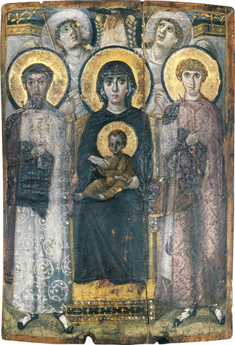 <strong> What is the title of this icon?</strong> A) Vladimir Virgin B) Madonna of Saint Catherine C) Virgin of Compassion D) Virgin and Child between Saints Theodore and George