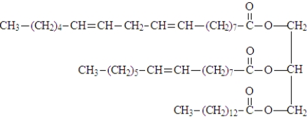 The following triglyceride is to be completely hydrogenated.   How many molecules of hydrogen are added to the triglyceride? A)  1 B)  2 C)  3 D)  4 E)  5 F)  6
