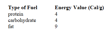When calculating the nutritional value of the food, the following is often used as a rule of thumb in calculating the caloric value.   A)  ATP production is relatively constant per molecule for each type of fuel used. B)  ATP production is relatively constant per gram for each type of fuel used. C)  for amino acids and carbohydrates ATP production per gram is larger than per gram of fat. D)  for amino acids and carbohydrates ATP production per gram is smaller than per gram of fat.