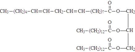 Examine the fatty acids given below. The names of the acids are given above the formula and each structure given a letter designation below the structure.   Fill in the blanks with the appropriate letter (A, B, C, D, E). -To form the following triglyceride would require 1 molecule of ______________________ and 2 molecules of ______________________.  