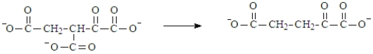 The following reaction step in a major reaction in the citric acid cycle. Based on the comparison of the structure of reactants to products, this reaction step would be classified as decarboxylation reaction.  
