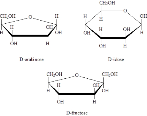 Examine the following structures.   Fill in the blanks with the appropriate term from the list below.  arabinose idose fructose -___________________ is an enantiomer of the following molecule.  