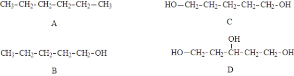 Examine the following compounds.   Fill in the blanks with the appropriate letter (A, B, C, D). -Structure _________________could hydrogen bond to water to the greatest extent.