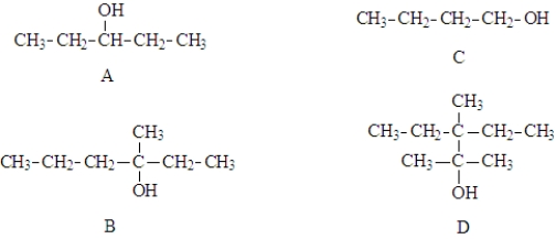 Consider the following compounds.   Fill in the blanks with the appropriate letter (A, B, C, D). -Structure ________________________ would produce a mixture of products on dehydration.