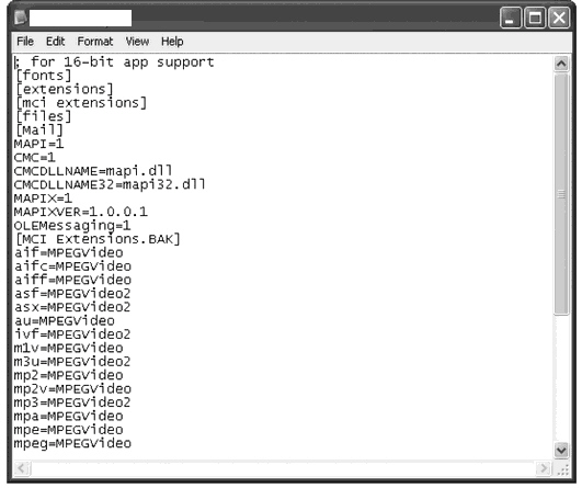   What is displayed in the figure above? A)  A bashrc file in Red Hat Linux B)  A win.ini file in Windows XP C)  A startup.ncf file in Netware D)  The kernel file in Mac OS X