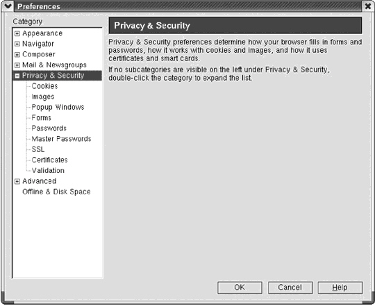   What is displayed in the figure above? A)  Privacy & Security options in Mozilla B)  Privacy & Security options in Netscape C)  Privacy & Security options in Internet Explorer D)  None of the above