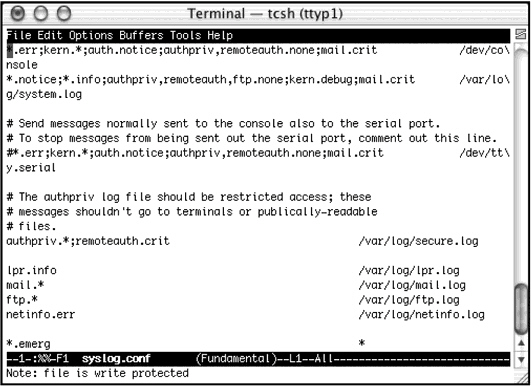   Which file is being edited in the figure above? A)  netinfo log B)  lpr.log C)  syslog.conf D)  system.log