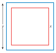 <strong>Teacher Licensing Examination Questions The inside of a rectangular picture frame measures 36 inches long and 24 inches wide. The width of the frame is x inches, as shown in the figure below. When hung, the frame and its contents cover 1,120 square inches of wall space. What is the length, y , of the frame in inches?</strong> A)34 inches B)38 inches C)40 inches D)44 inches