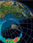   The multicolored ring in the image above of Earth is a/an ___________. A)  impact site under the water, falsely colored. B)  tornado C)  hurricane D)  aurora
